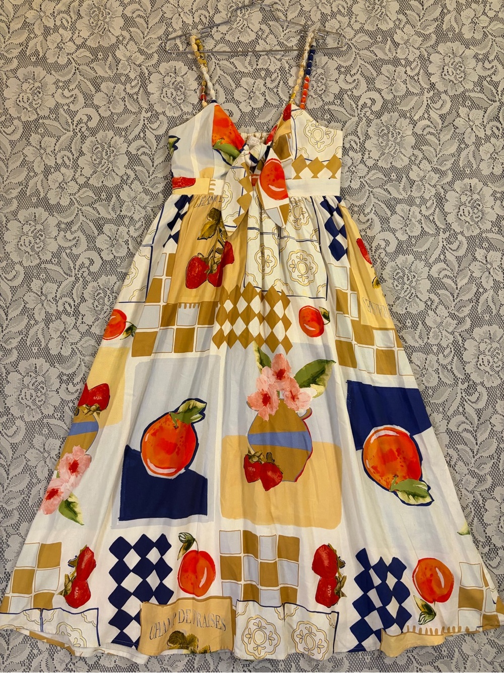 Caroline Constas Linen Blend Fruit-Print Bow-Front Sundress Maxi Dress
